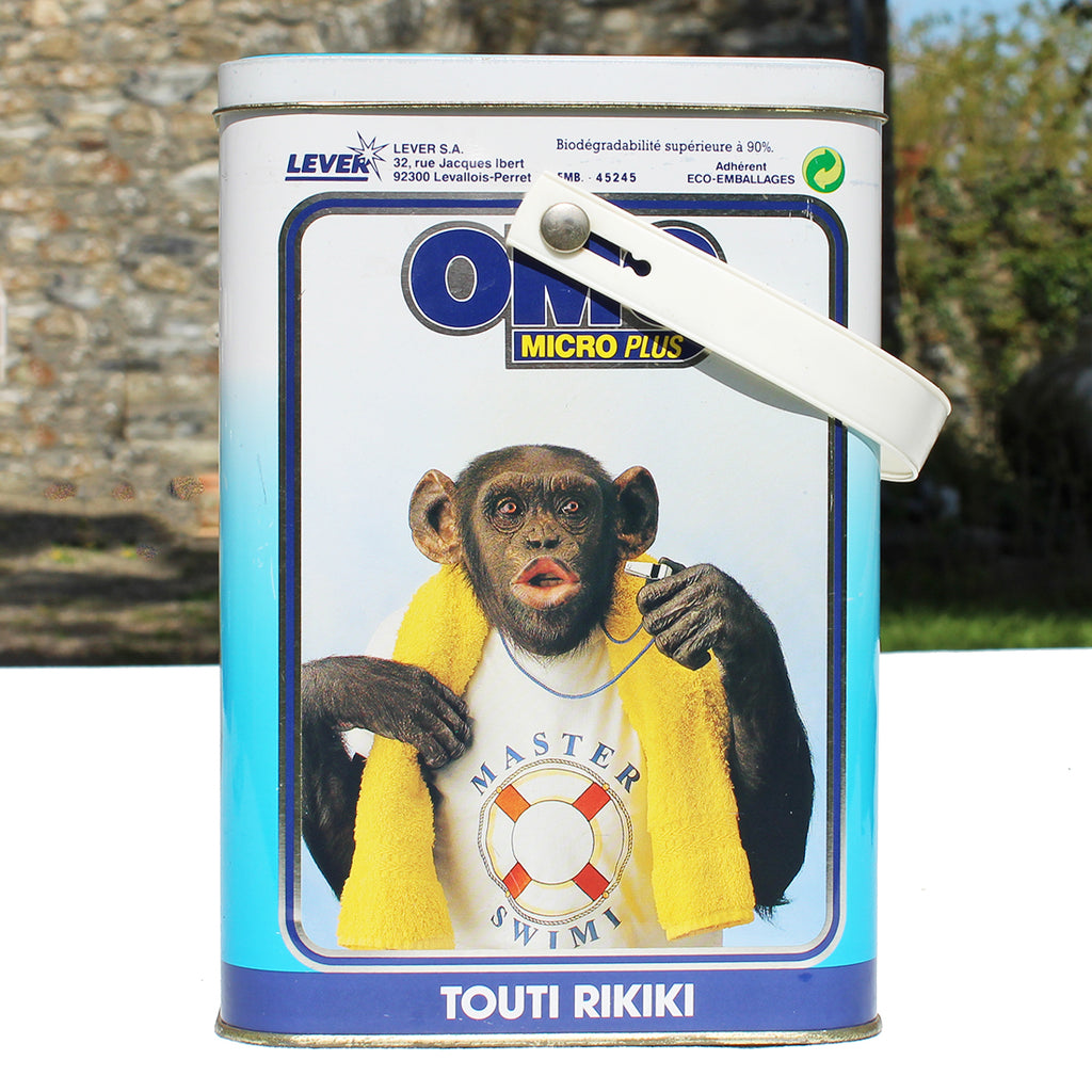 Omo Micro Baril de lessive publicitaire vintage vide Omo Micro Plus Chimpanzés d ...