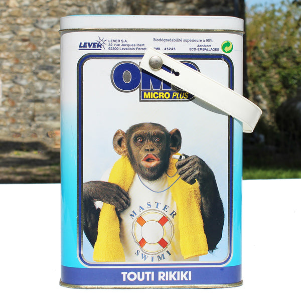 Baril de lessive publicitaire vintage vide Omo Micro Plus Chimpanzés de 1992