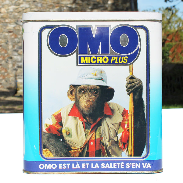 Baril de lessive publicitaire vintage vide Omo Micro Plus Chimpanzés de 1992