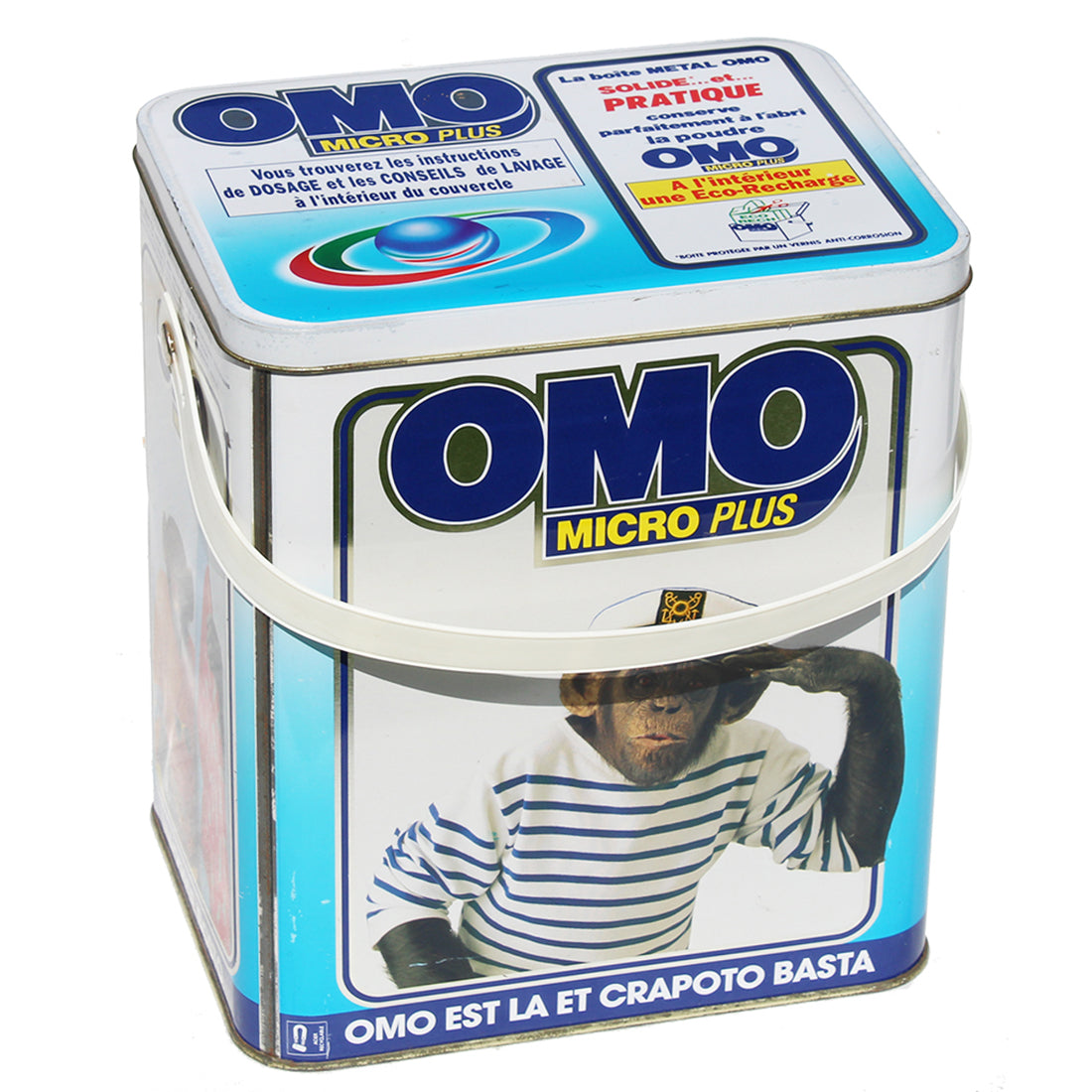 Baril de lessive publicitaire vintage vide Omo Micro Plus Chimpanzés de 1992