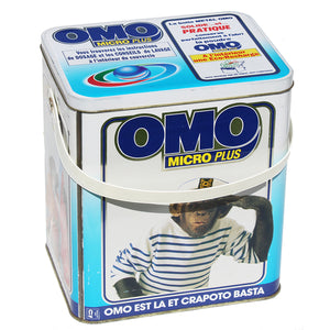 Baril de lessive publicitaire vintage vide Omo Micro Plus Chimpanzés de 1992