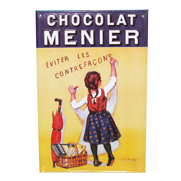 Plaque publicitaire Chocolat Menier en tôle lithographiée – Éviter les contrefaçons – Modèle vintage