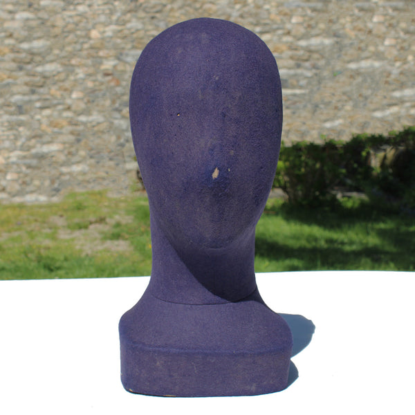 Ancienne marotte / présentoir / forme à chapeau / tête de modiste / feutrine coloris violet