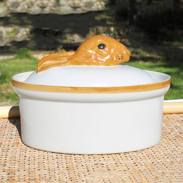 Terrine en porcelaine à feu Arwalt vintage / modèle lièvre / lapin en trompe l'œil