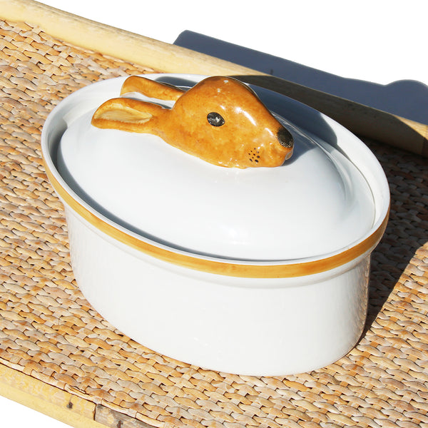 Terrine en porcelaine à feu Arwalt vintage / modèle lièvre / lapin en trompe l'œil