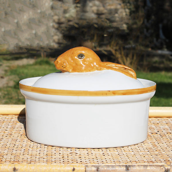 Terrine en porcelaine à feu Arwalt vintage / modèle lièvre / lapin en trompe l'œil