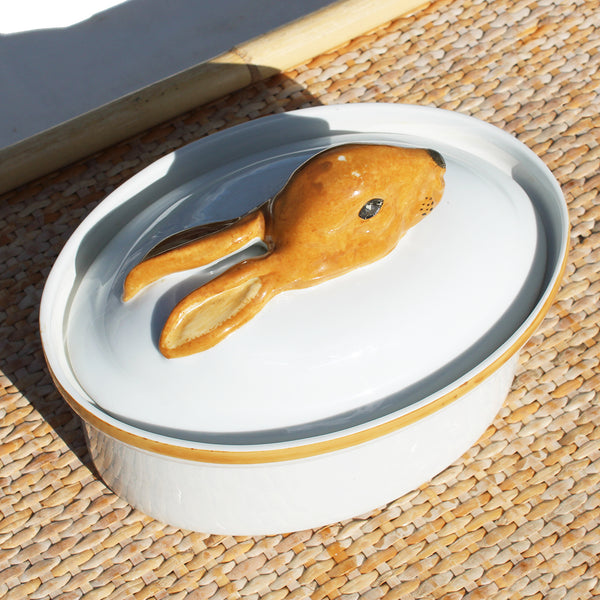 Terrine en porcelaine à feu Arwalt vintage / modèle lièvre / lapin en trompe l'œil
