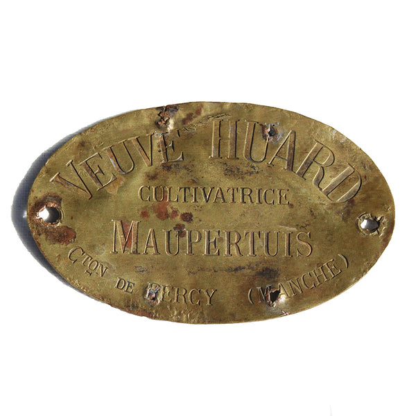 Ancienne plaque de charrette / chariot en laiton / Veuve Huard Cultivatrice Maupertuis / Percy