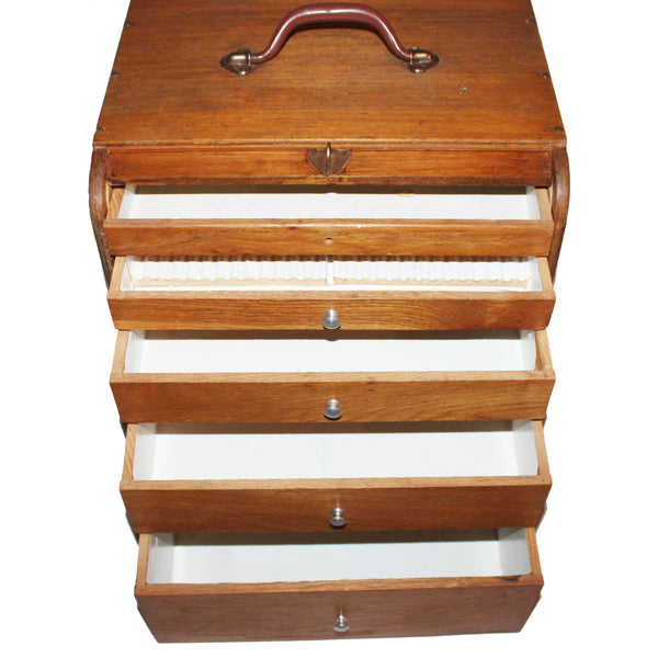 Layette de dentiste transportable ancienne en bois – Meuble de métier – Rideau coulissant