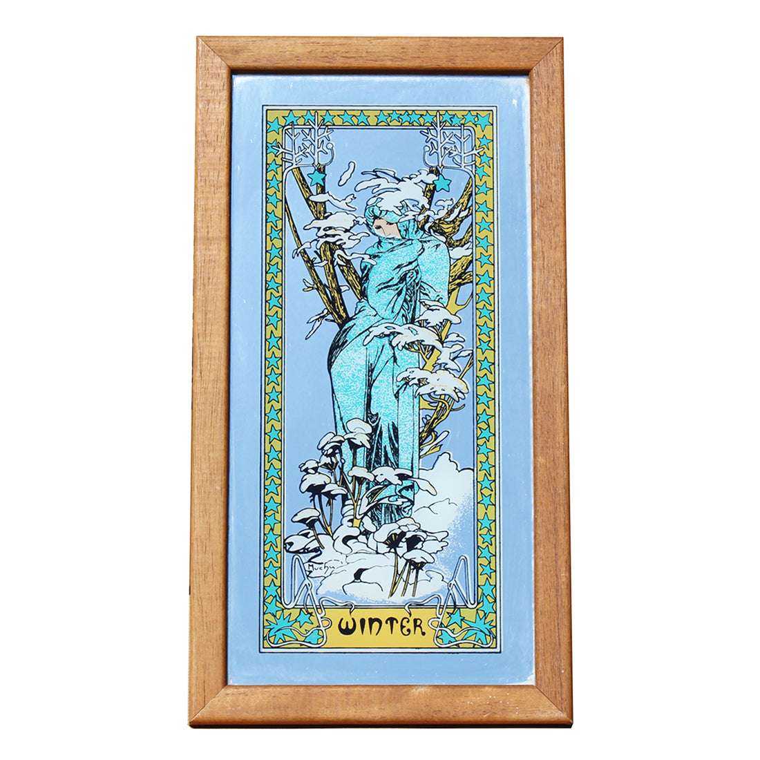 Petit miroir mural sérigraphié vintage modèle Les Saisons d'après Alphonse Mucha / Winter
