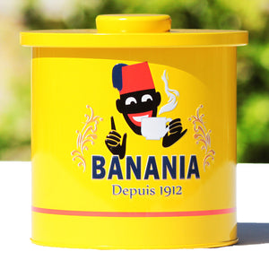 Boîte cylindrique publicitaire Banania vide en tôle lithographiée
