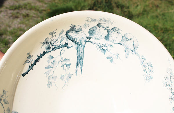 Grand saladier ancien en faïence Terre de Fer / modèle oiseaux style Favori