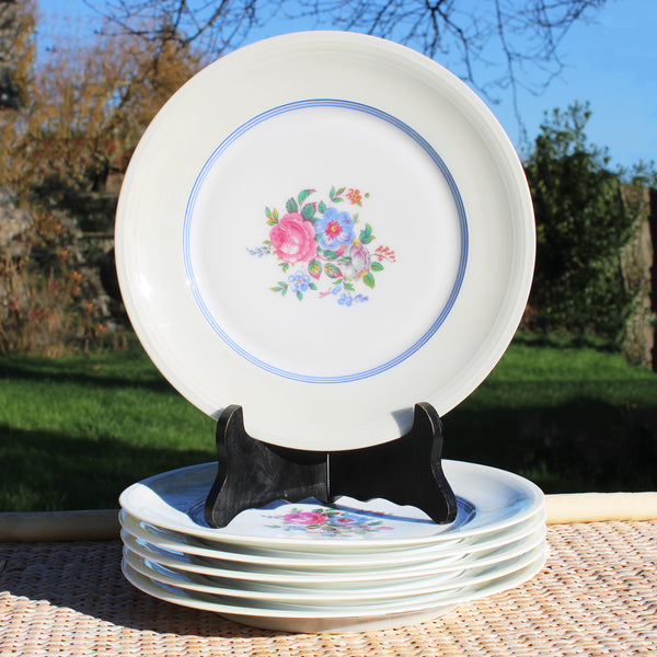 Lot de 6 assiettes plates anciennes Haviland Le Tanneur Limoges – Décor floral signé Paul