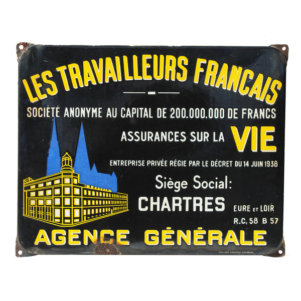 Ancienne plaque émaillée Les Travailleurs Français / Assurances sur la Vie / Émaillerie Alsacienne