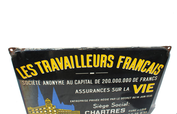 Ancienne plaque émaillée Les Travailleurs Français / Assurances sur la Vie / Émaillerie Alsacienne