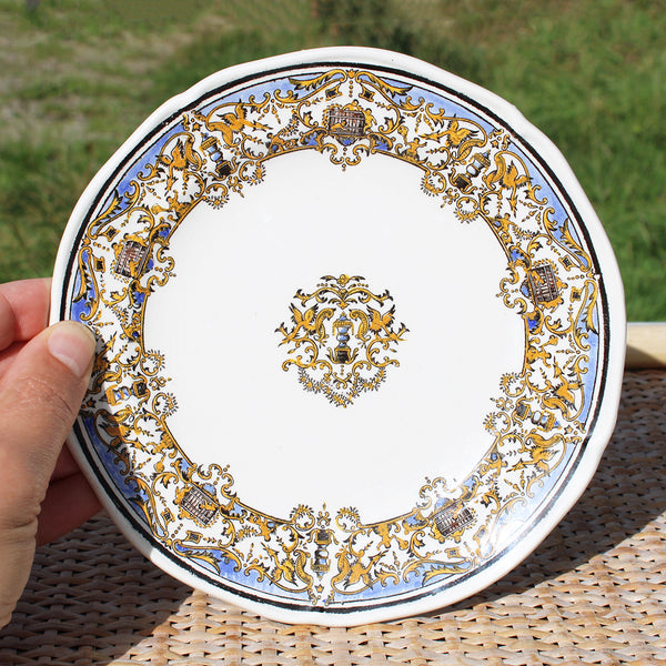 Ancienne tasse à déjeuner + soucoupe en faïence de Gien modèle Dionysos / Enfants au Pressoir