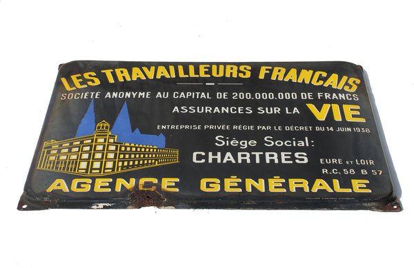 Ancienne plaque émaillée Les Travailleurs Français / Assurances sur la Vie / Émaillerie Alsacienne