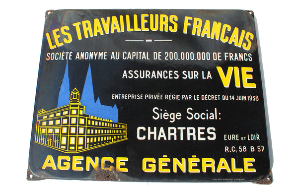 Ancienne plaque émaillée Les Travailleurs Français / Assurances sur la Vie / Émaillerie Alsacienne