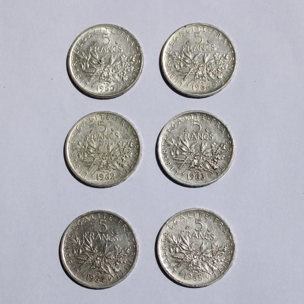 Lot de 6 pièces de monnaie de 5 Francs Semeuse en argent (1960 à 1965)