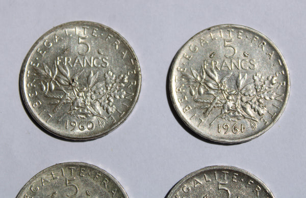 Lot de 6 pièces de monnaie de 5 Francs Semeuse en argent (1960 à 1965)