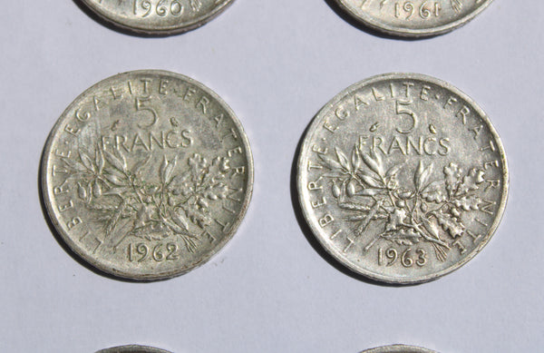 Lot de 6 pièces de monnaie de 5 Francs Semeuse en argent (1960 à 1965)