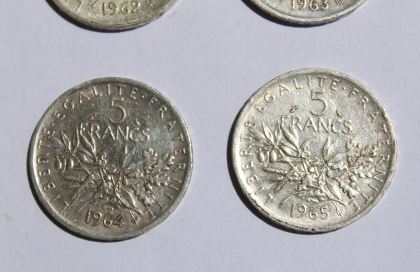 Lot de 6 pièces de monnaie de 5 Francs Semeuse en argent (1960 à 1965)