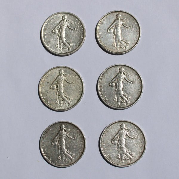 Lot de 6 pièces de monnaie de 5 Francs Semeuse en argent (1960 à 1965)