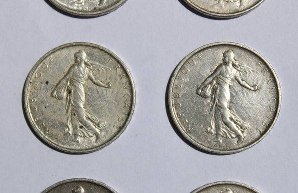 Lot de 6 pièces de monnaie de 5 Francs Semeuse en argent (1960 à 1965)