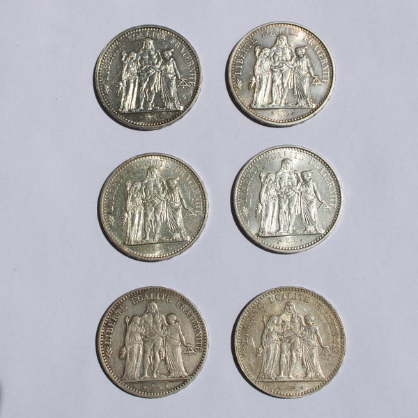 Lot de 6 pièces de monnaie françaises en argent (5 et 10 Francs Hercule)