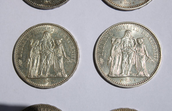 Lot de 6 pièces de monnaie françaises en argent (5 et 10 Francs Hercule)