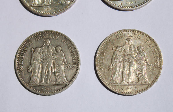 Lot de 6 pièces de monnaie françaises en argent (5 et 10 Francs Hercule)