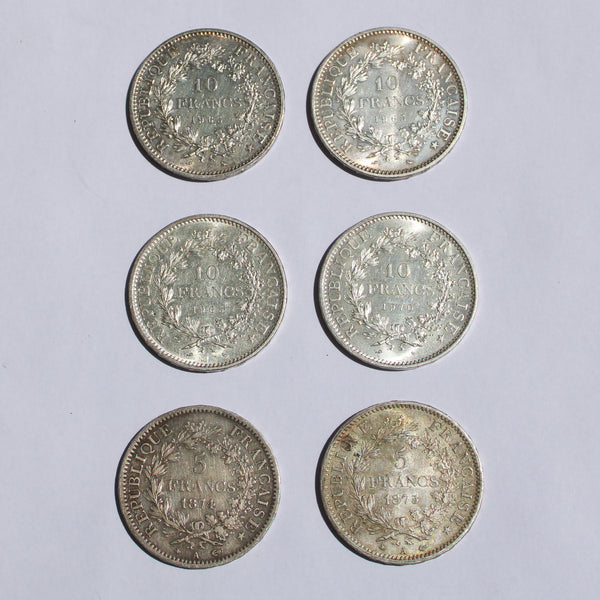 Lot de 6 pièces de monnaie françaises en argent (5 et 10 Francs Hercule)