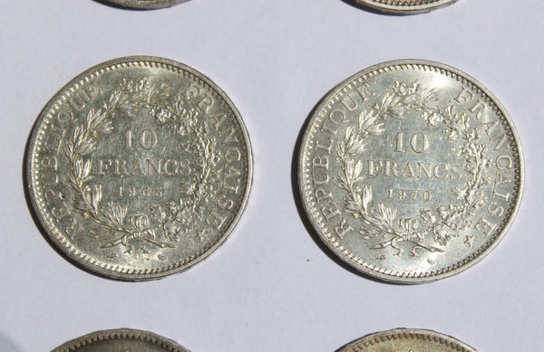 Lot de 6 pièces de monnaie françaises en argent (5 et 10 Francs Hercule)