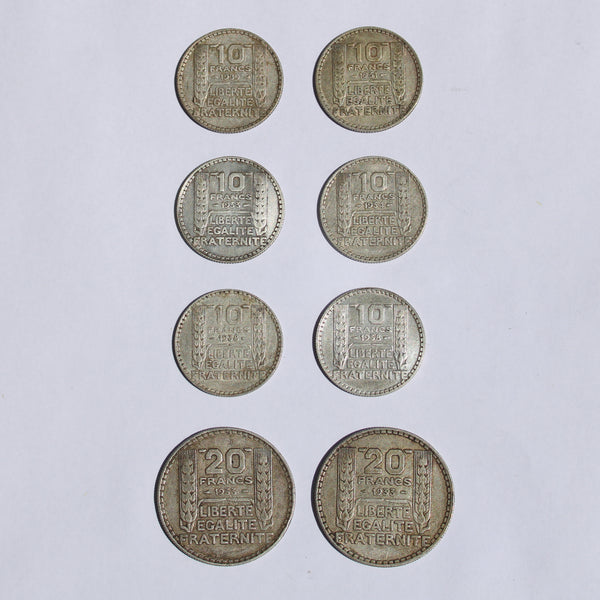 Lot de 8 pièces de monnaie françaises en argent (10 et 20 Francs Turin)