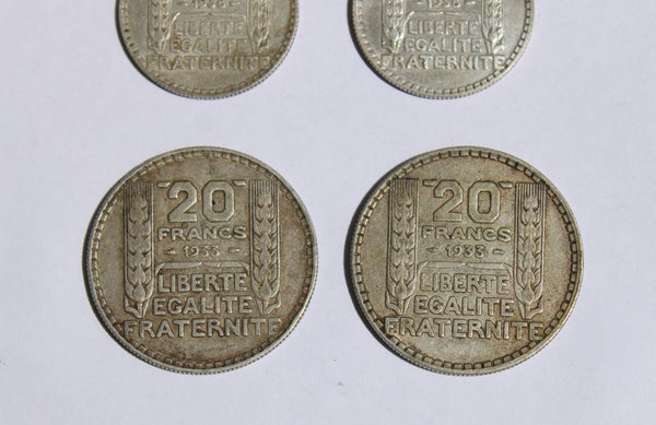 Lot de 8 pièces de monnaie françaises en argent (10 et 20 Francs Turin)