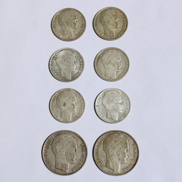 Lot de 8 pièces de monnaie françaises en argent (10 et 20 Francs Turin)