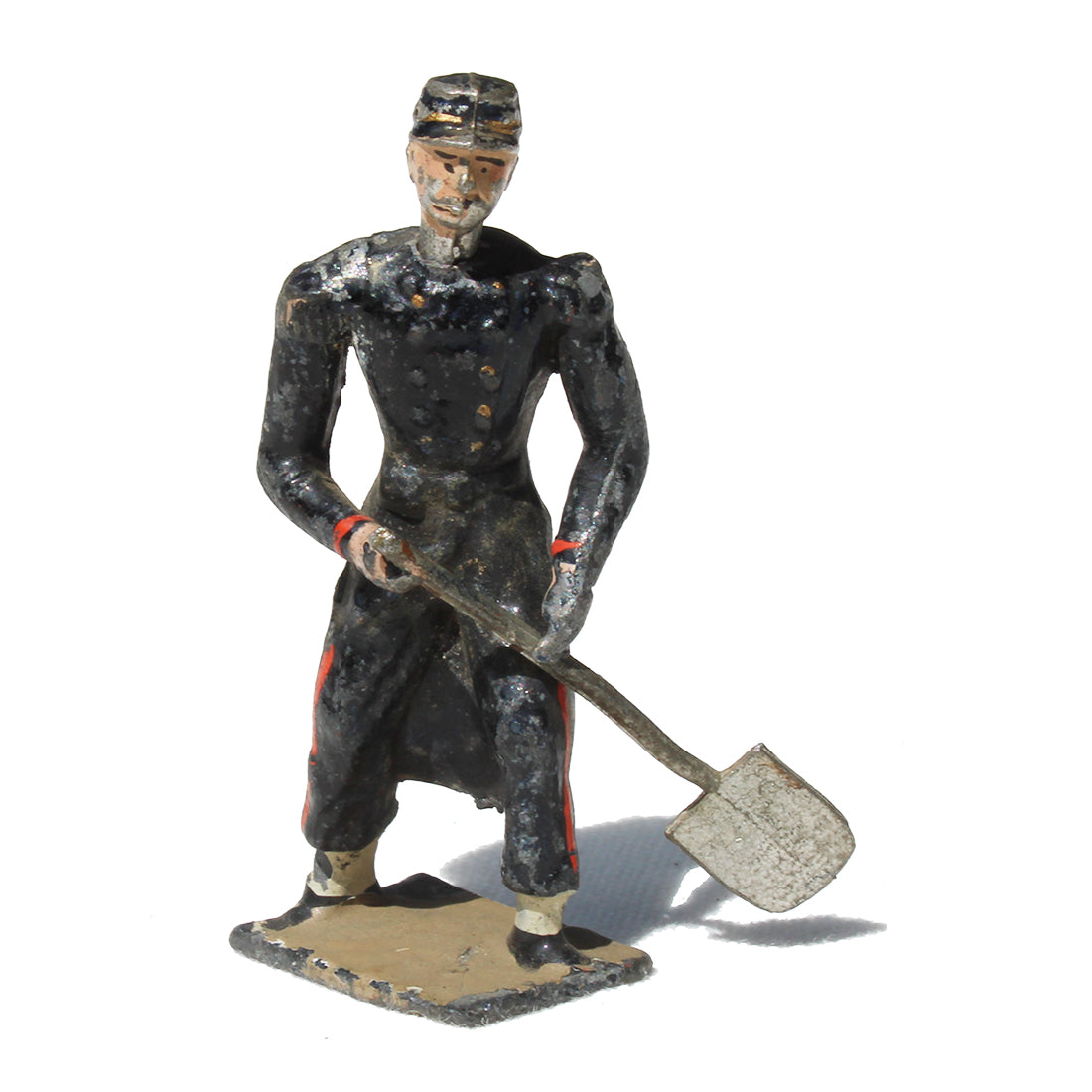 Ancienne figurine en plomb plein CBG Mignot soldat français / Artilleur de campagne avec une pelle