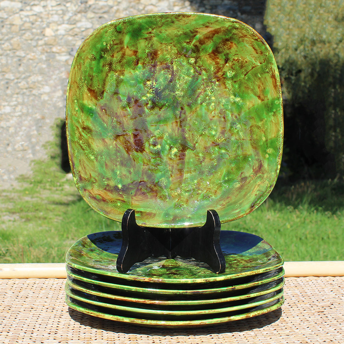 Ensemble de 6 assiettes plates vintage en terre cuite vernissée / céramiste Moupi / Vallauris ?