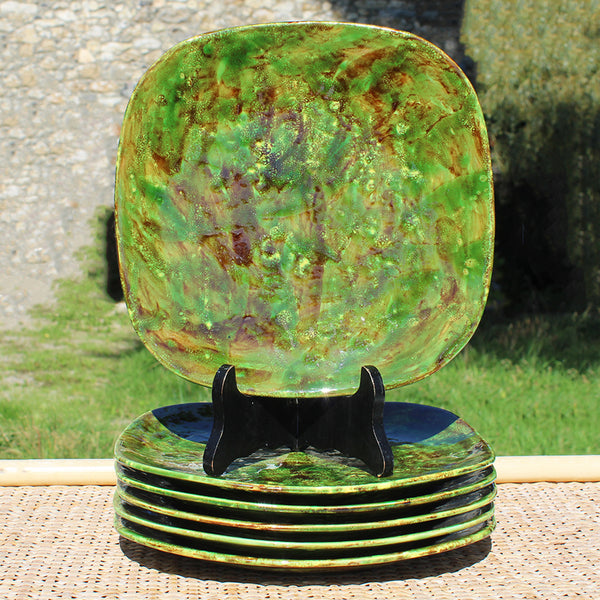 Ensemble de 6 assiettes plates vintage en terre cuite vernissée / céramiste Moupi / Vallauris ?