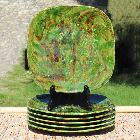 Ensemble de 6 assiettes plates vintage en terre cuite vernissée / céramiste Moupi / Vallauris ?