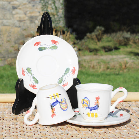 Paire de tasses à café + soucoupes en faïence de MBFA Pornic modèle Coq