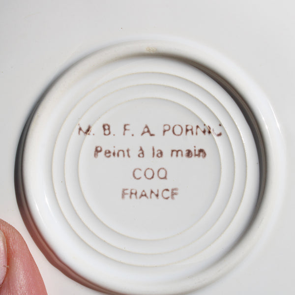 Paire de tasses à café + soucoupes en faïence de MBFA Pornic modèle Coq