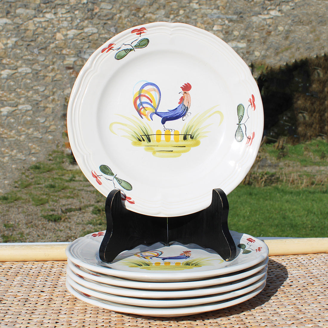 Ensemble de 6 assiettes à dessert 19.5 cm en faïence de MBFA Pornic modèle Coq