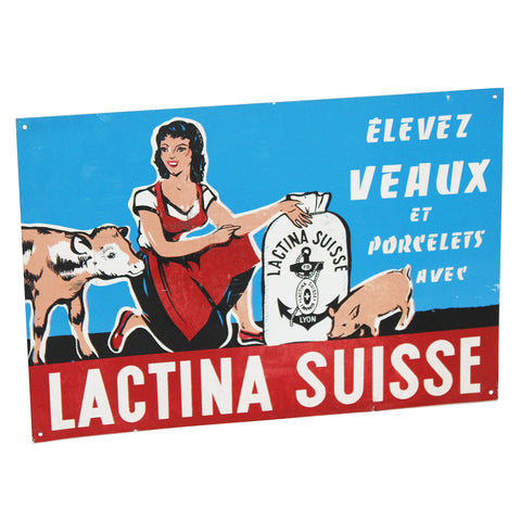Ancienne plaque publicitaire en tôle non émaillée Lactina Suisse / Agriculture