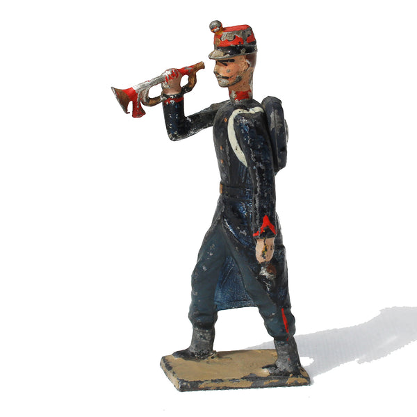 Ancienne figurine en plomb plein CBG Mignot soldat français / Artilleur de campagne en capote / Clairon