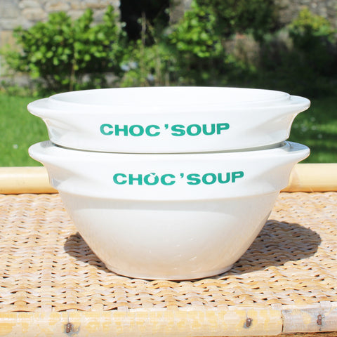 Paire de bols à soupe publicitaire vintage Choc'Soup en faïence de Sarreguemines