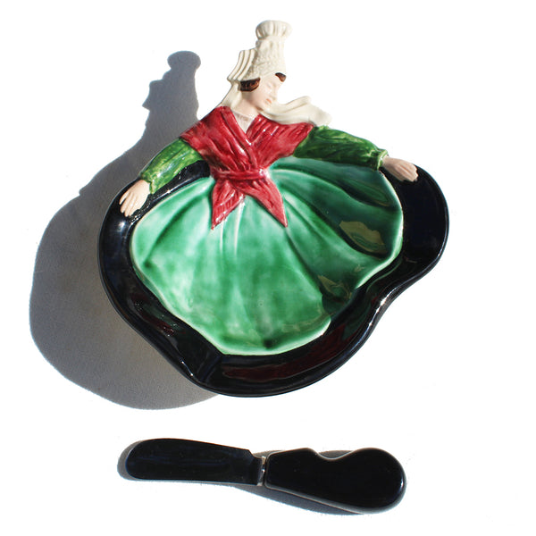 Ancien beurrier + couteau / faïence de Desvres / Gabriel Formaintreaux