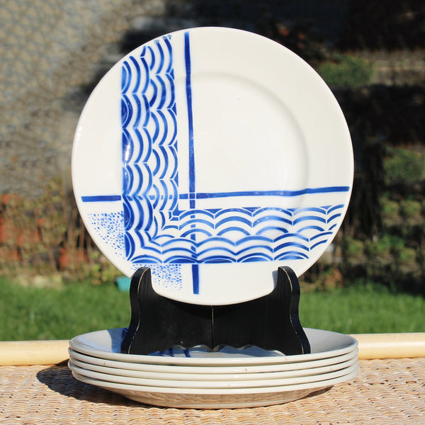 Ensemble de 6 assiettes à dessert anciennes 20.6 cm en faïence de Badonviller modèle Orival