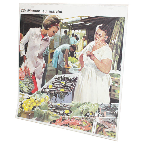 Affiche scolaire vintage Rossignol scènes de vie La construction de la maison / Maman au marché