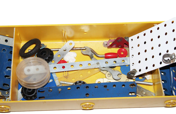 Boîte de rangement modulable jaune jeu Meccano avec diverses pièces